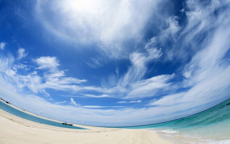 Tropical Beach with Boat — Blue, Serene, Afternoon, Photograph, Sand