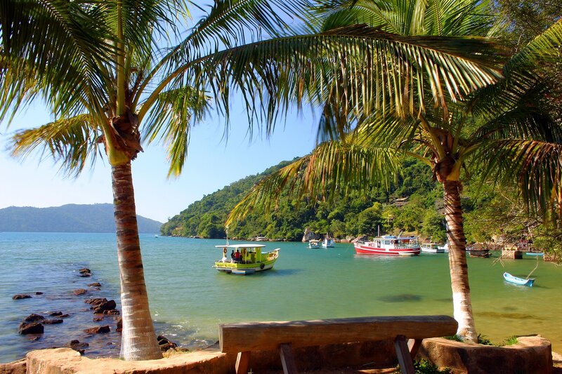 Tropical beach with boats and palm trees