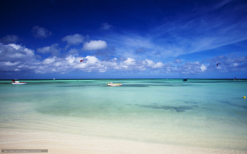 Tropical Beach with Boats — Blue, Serene, Afternoon, Photograph, Kites