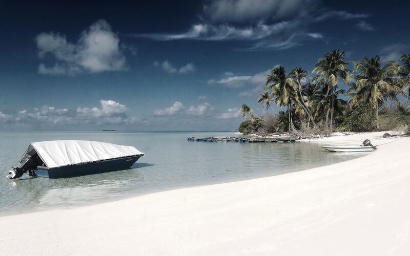 Tropical Beach with Boats — White