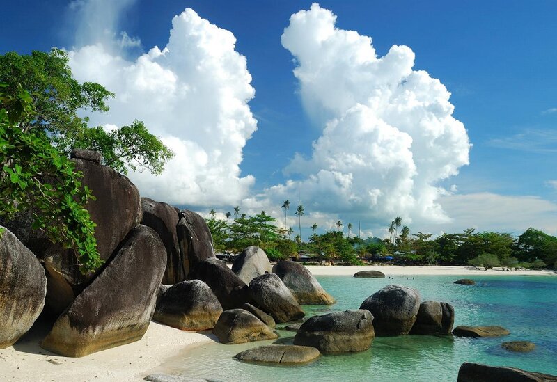 Tropical Beach with Boulders — Blue, Serene, Afternoon, Photograph, Palm Trees