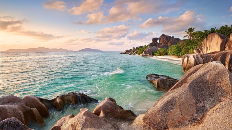 Tropical Beach with Boulders — Blue, Serene, Sunset, Photograph, Ocean