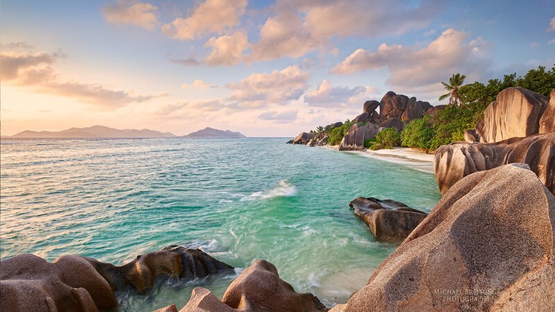 Tropical Beach with Boulders — Blue, Serene, Sunset