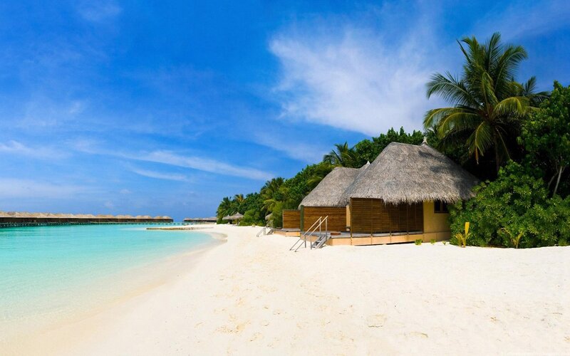 Tropical beach with bungalows