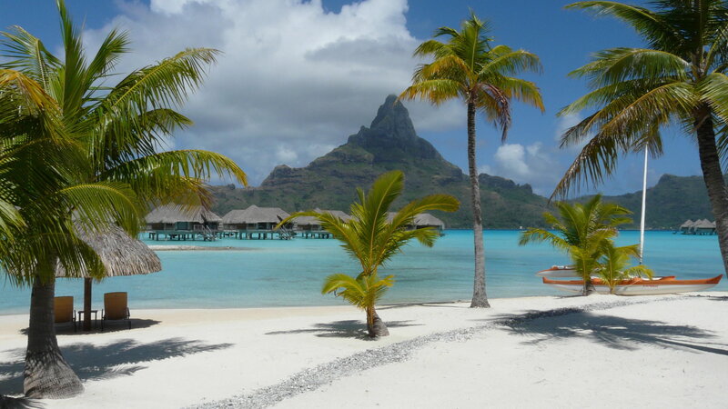 Tropical Beach with Bungalows — Blue, Serene, Afternoon