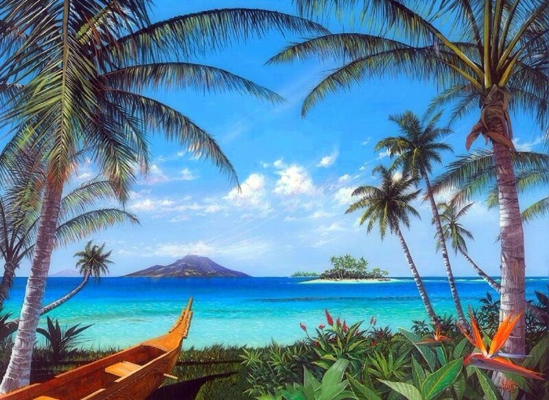 Tropical Beach with Canoe — Blue