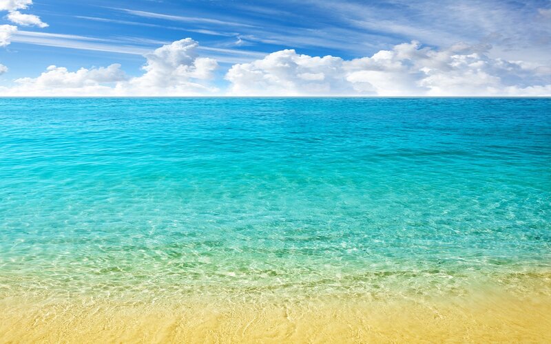 Tropical Beach with Clear Water — Blue, Serene, Afternoon, Photograph, Ocean, Sky, Clouds