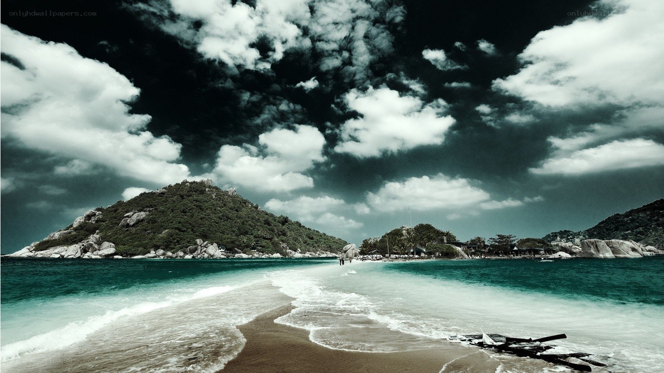 tropical beach with dramatic sky