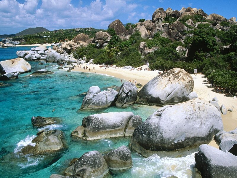 tropical beach with giant boulders