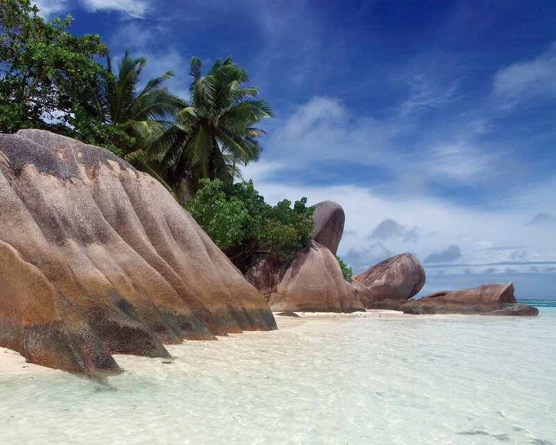 tropical beach with giant boulders