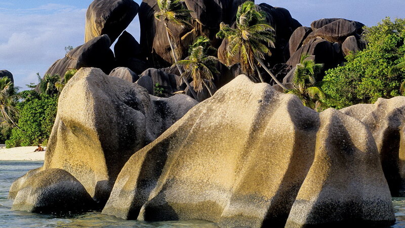 tropical beach with giant rocks