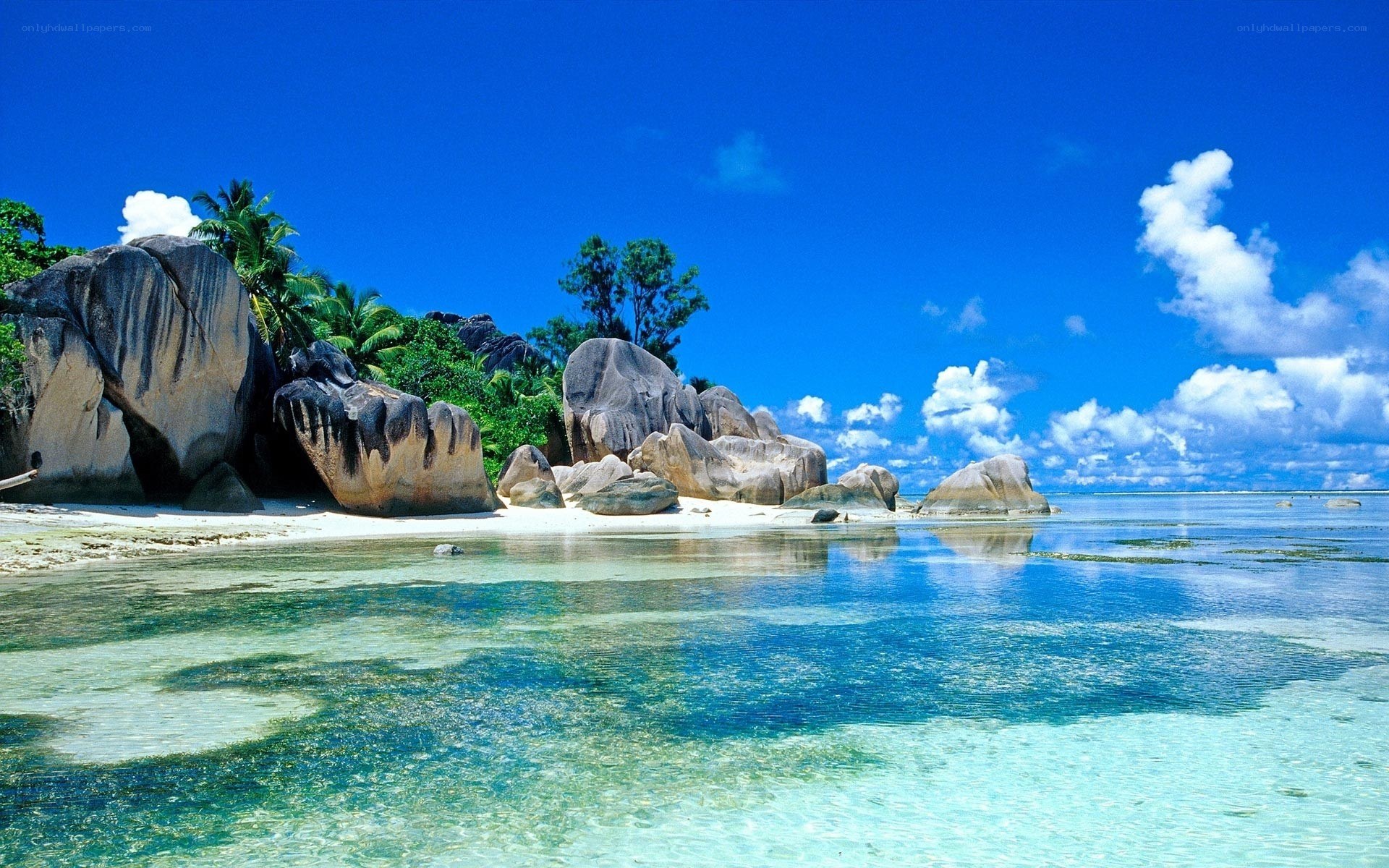 tropical beach with giant rocks