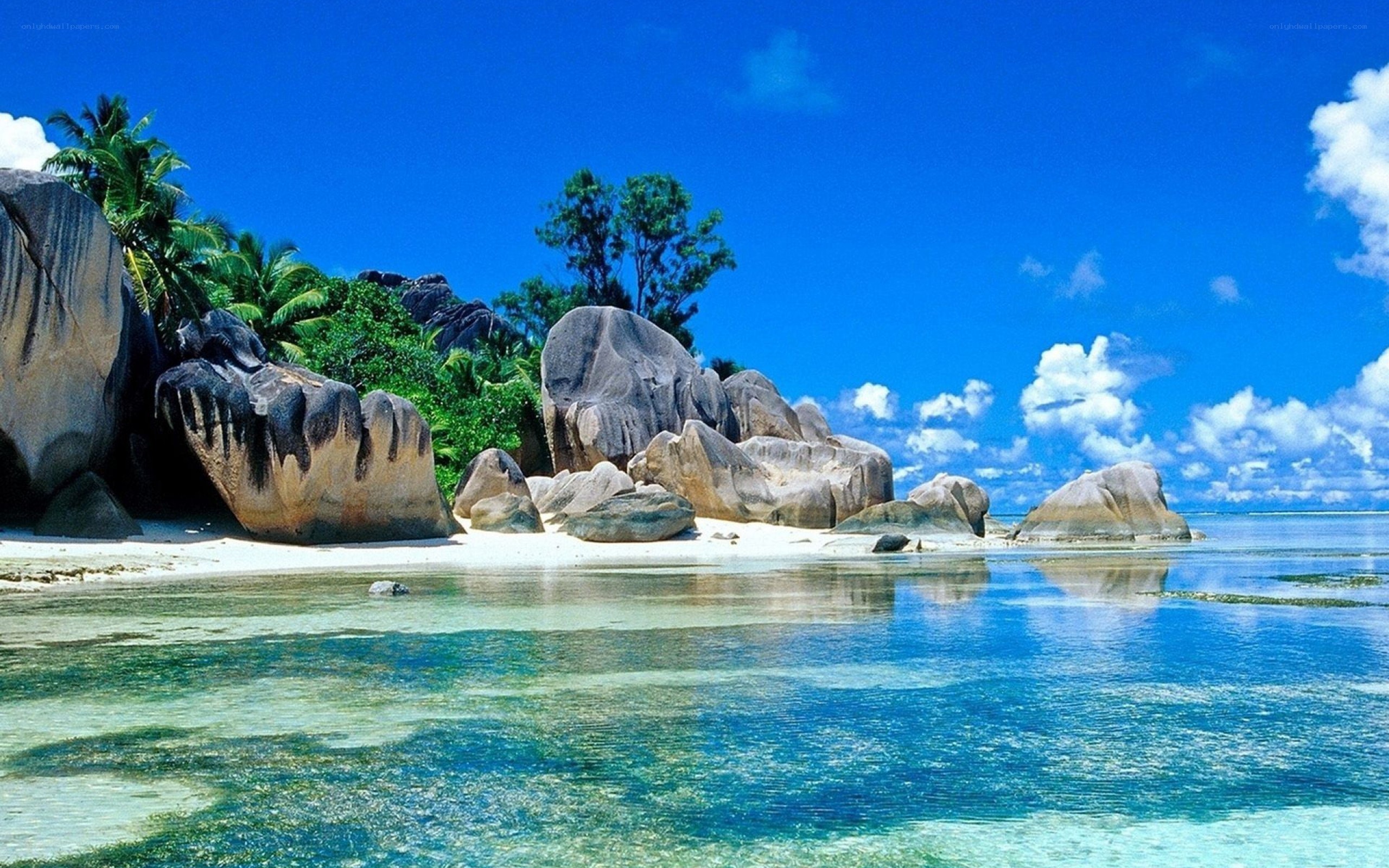 tropical beach with giant rocks