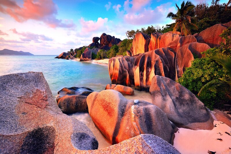 Tropical Beach with Granite Boulders — Blue, Serene, Sunset