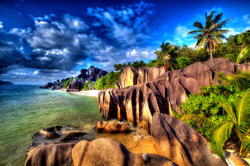 Tropical Beach with Granite Rocks — Blue, Dramatic