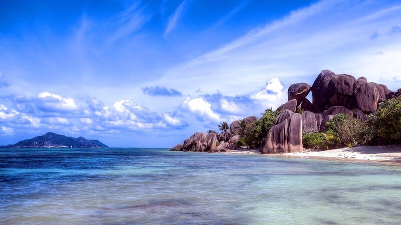 Tropical Beach with Granite Rocks — Blue, Serene, Afternoon, Photograph