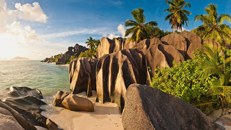 Tropical Beach with Granite Rocks — Blue, Serene, Morning