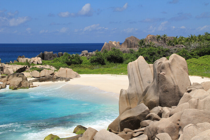 Tropical Beach with Granite Rocks — Blue