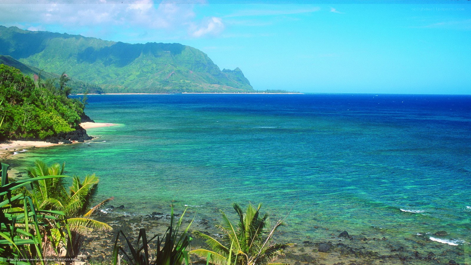 tropical beach with green mountains