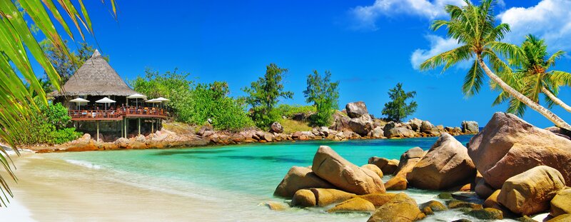 Tropical Beach with Hut — Blue, Serene, Afternoon