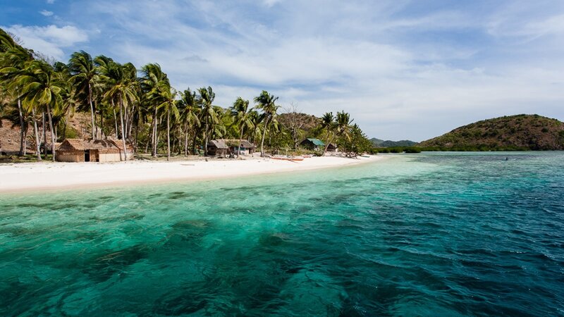 Tropical Beach with Huts — Blue, Serene, Afternoon, Photograph, Palm Trees, Island