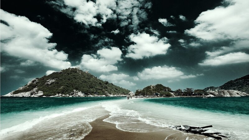 Tropical Beach with Island — Blue, Dramatic, Afternoon, Photograph, Clouds, Ocean, Sand, Green