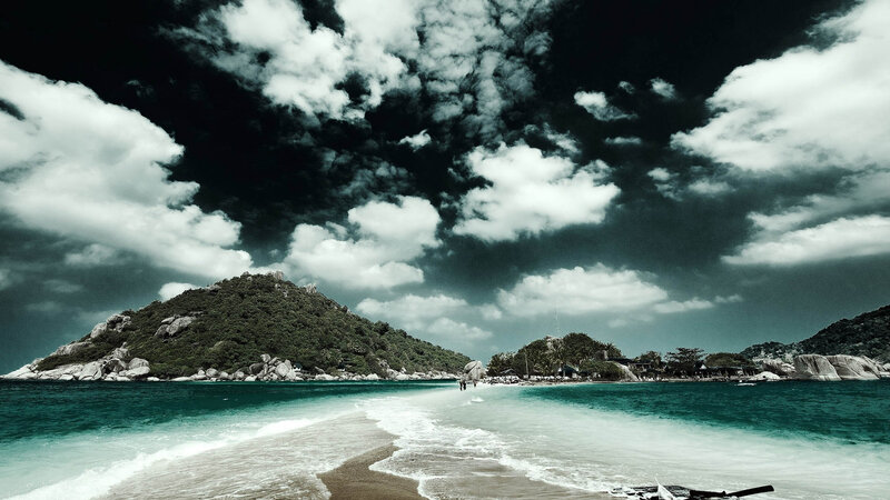 Tropical Beach with Island — Blue, Dramatic, Afternoon, Photograph, Clouds, Ocean