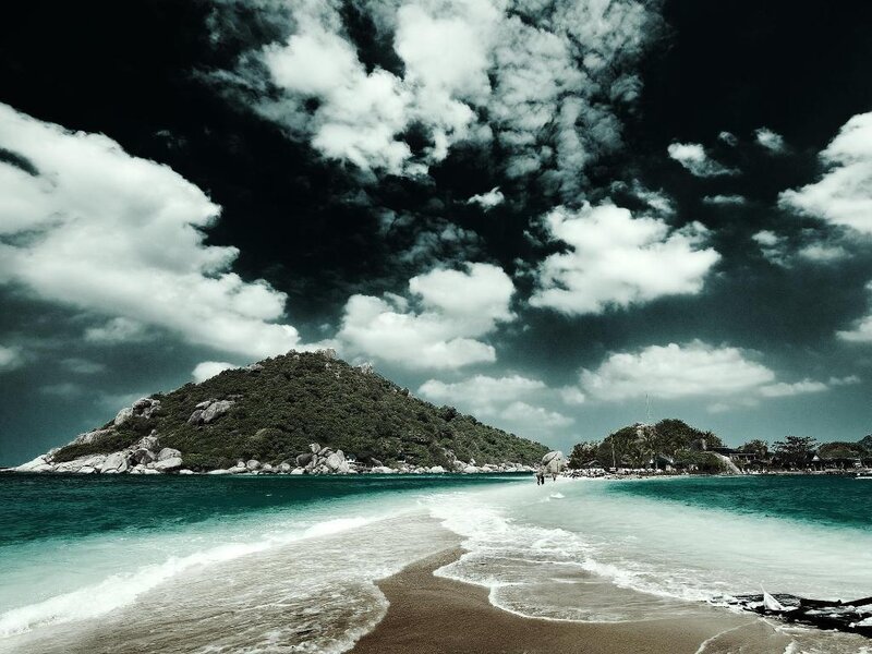 Tropical Beach with Island — Blue, Dramatic, Afternoon, Photograph, Clouds