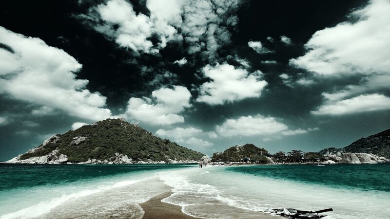 Tropical Beach with Island — Blue, Dramatic, Afternoon, Photograph