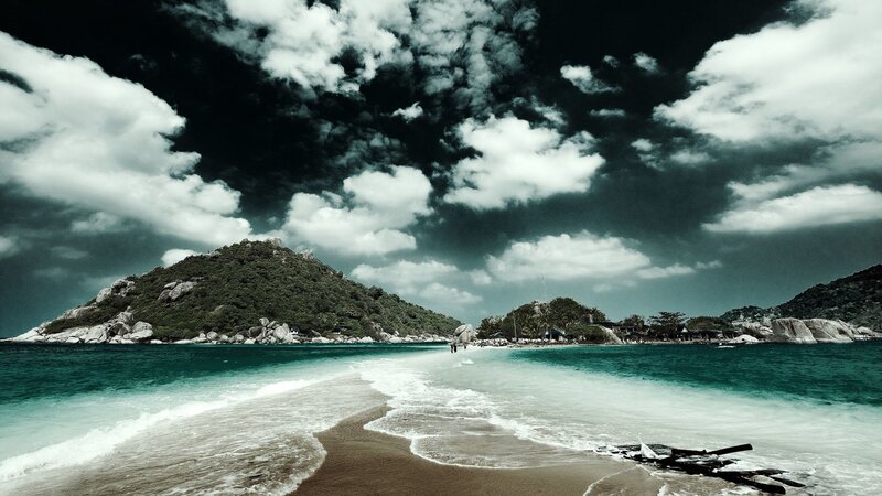 Tropical Beach with Island — Blue, Dramatic
