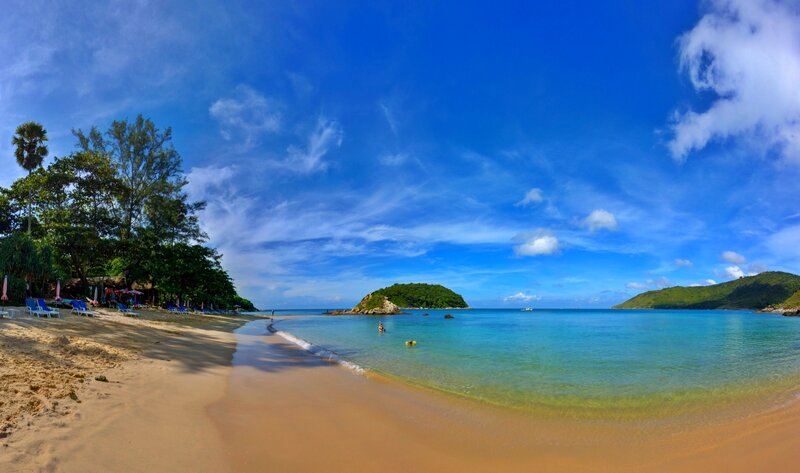 Tropical Beach with Island — Blue, Serene, Afternoon, Photograph, Beach Chairs
