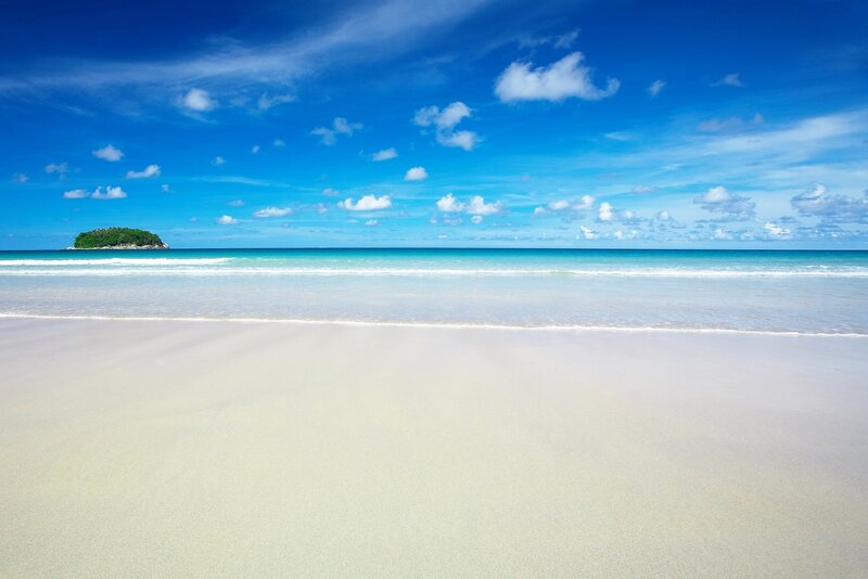 Tropical Beach with Island — Blue, Serene, Afternoon, Photograph, Ocean