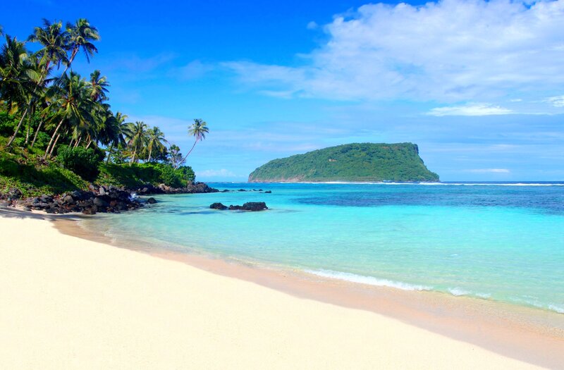 Tropical Beach with Island — Blue, Serene, Afternoon, Photograph, Palm Trees
