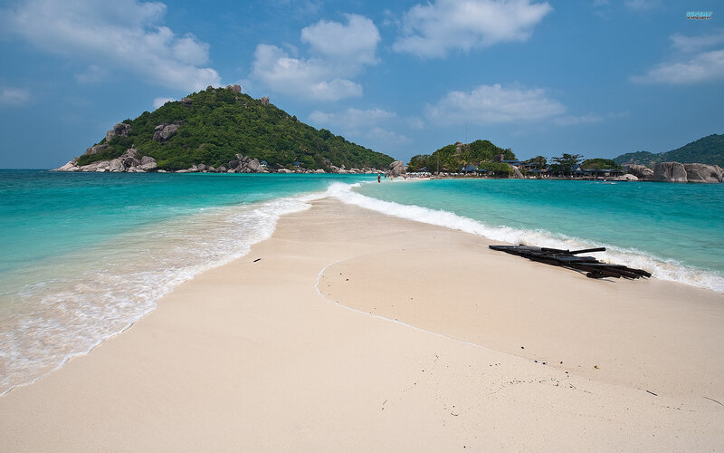 Tropical Beach with Island — Blue, Serene, Afternoon, Photograph, Sand