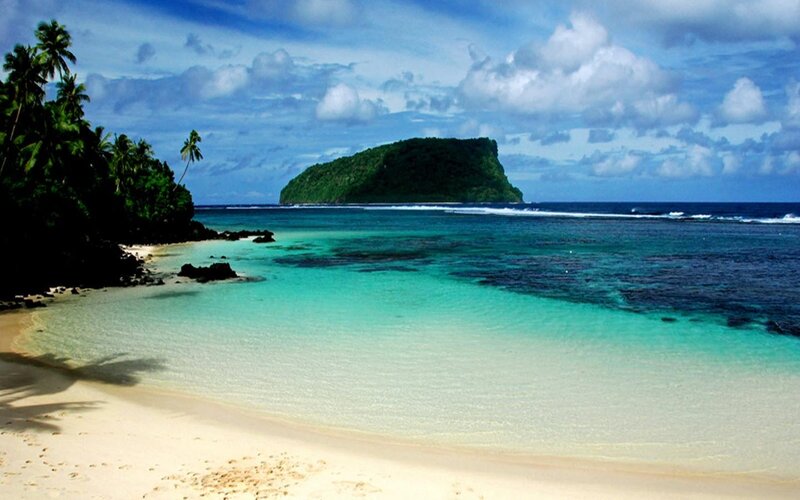 Tropical Beach with Island — Blue, Serene, Afternoon, Photograph