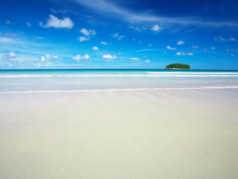 Tropical Beach with Island — Blue, Serene, Afternoon