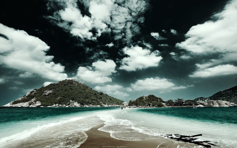 Tropical Beach with Island — Teal, Dramatic, Photograph