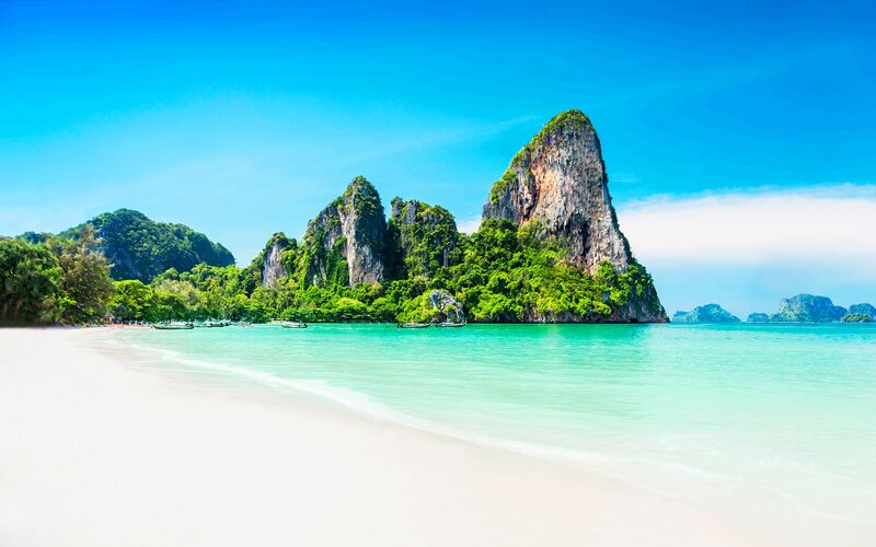 Tropical Beach with Limestone Cliffs — Blue, Serene, Afternoon, Photograph