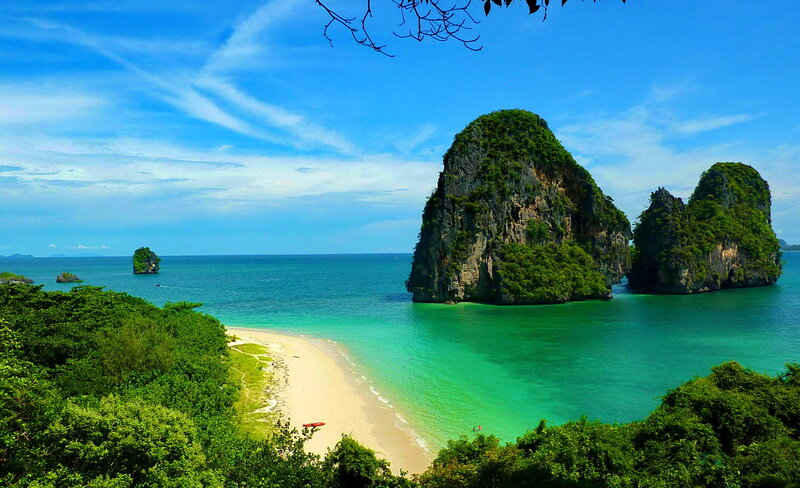 Tropical Beach with Limestone Cliffs — Blue