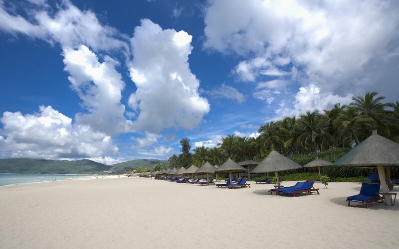 tropical beach with lounge chairs