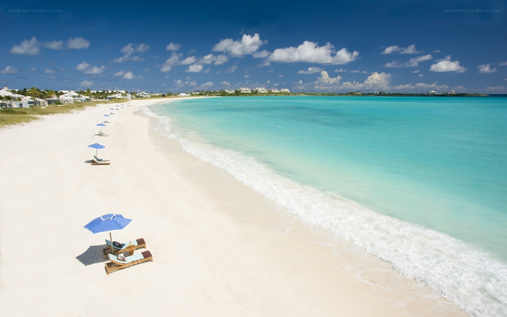 tropical beach with lounge chairs