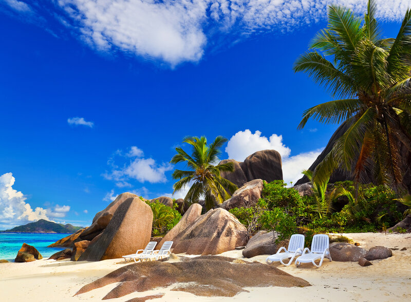 Tropical Beach with Lounge Chairs — Blue, Serene, Afternoon, Photograph
