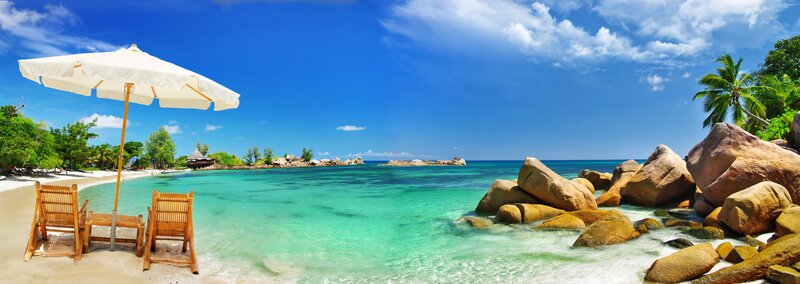 Tropical Beach with Lounge Chairs — Blue, Serene, Afternoon, Photograph, Umbrella
