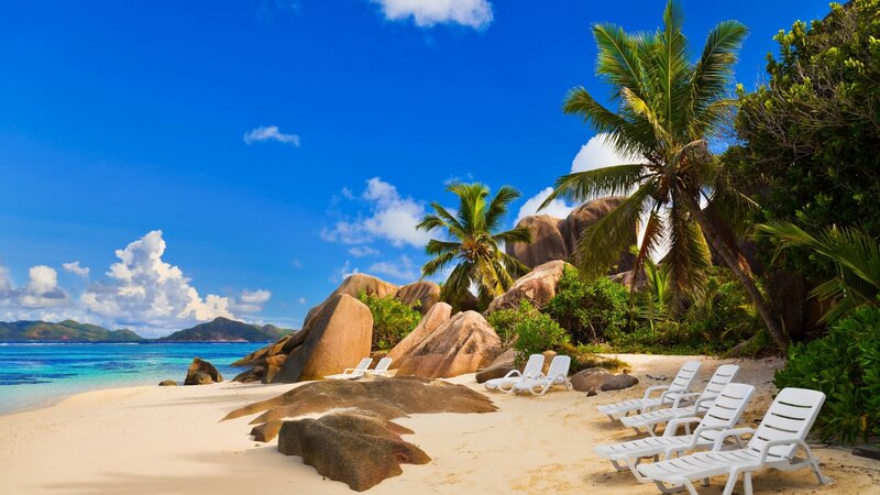Tropical Beach with Lounge Chairs — Blue, Serene