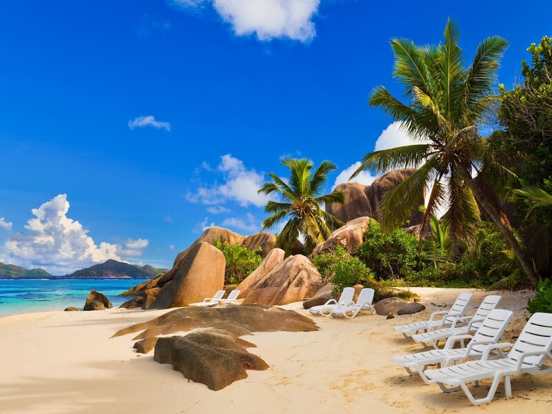 Tropical Beach with Lounge Chairs — Blue