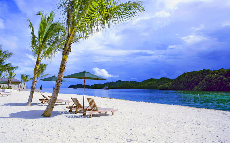 Tropical Beach with Lounge Chairs — White