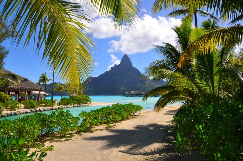 Tropical Beach with Mountain — Blue, Serene, Afternoon