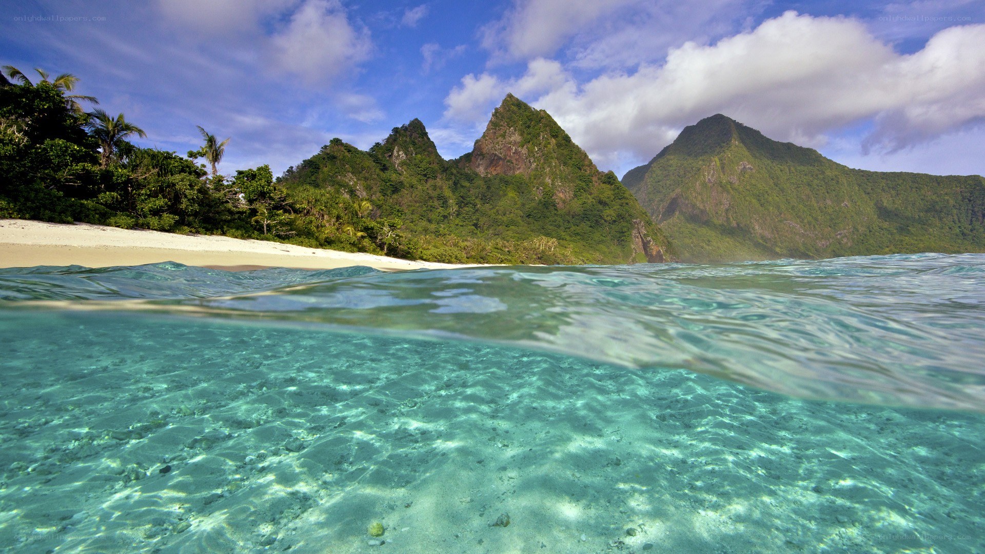 tropical beach with mountains
