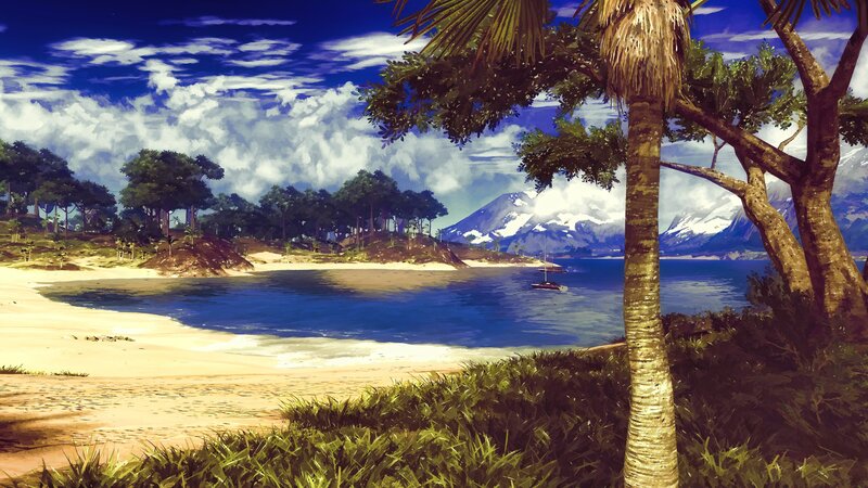 tropical beach with mountains