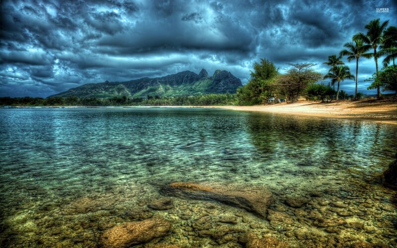 Tropical Beach with Mountains — Blue, Dramatic, Afternoon, Photograph